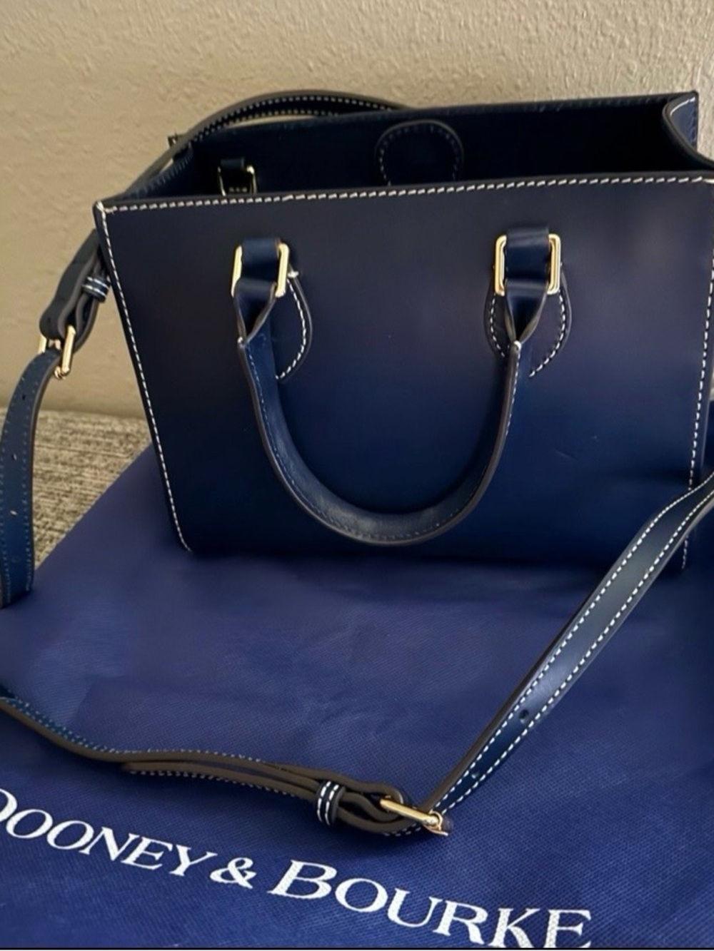 Dooney & Bourke Navy Leather Structured Satchel with Gold Hardware - Picture 3 of 3